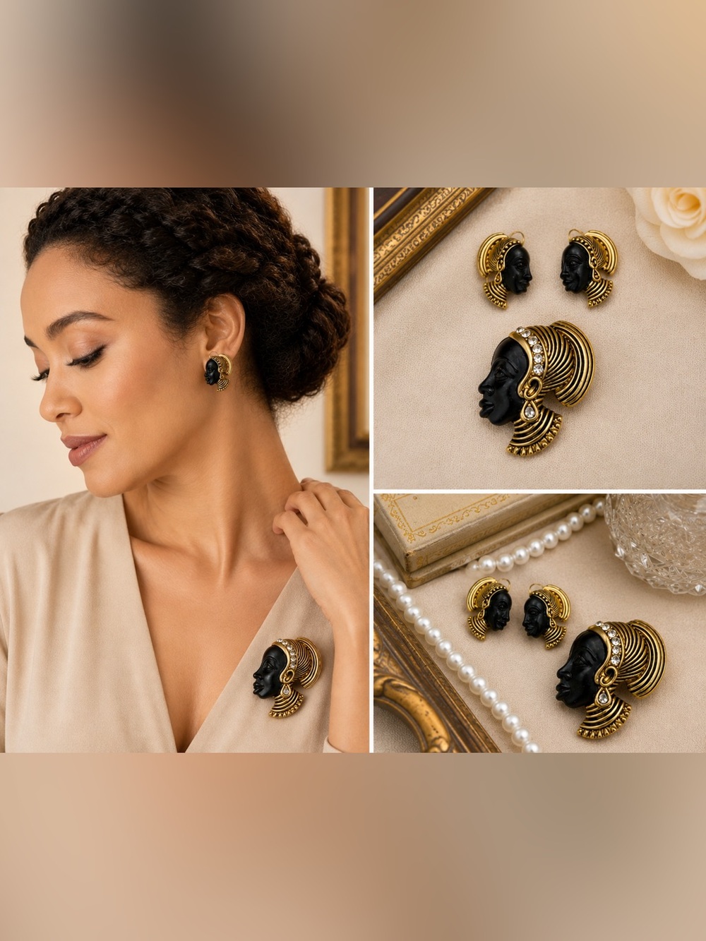 Vintage Blackamoor Demi Parure Brooch & Earrings Gold Rhinestone Statement Set